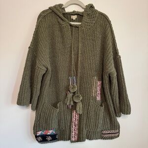 POL Olive Green Chunky Knit Patchwork Open Front Hooded Cardigan | Size M